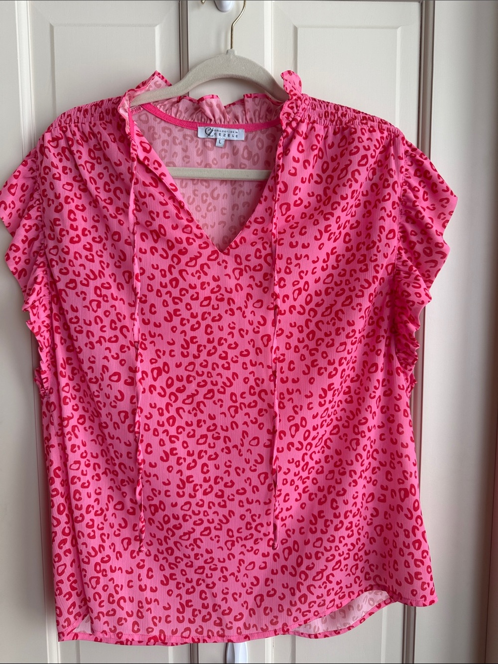 Tie-Neck Pink Leopard Print Blouse